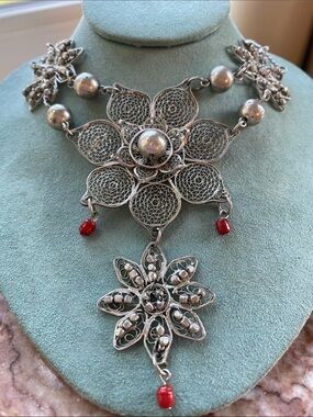 Vintage Artisan Filigree Floral Necklace Silver Toned Red Coral Color Beads